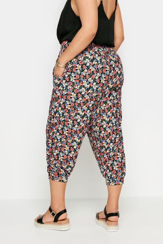 YOURS Plus Size Black Ditsy Floral Print Cropped Harem Trousers | Yours Clothing 3