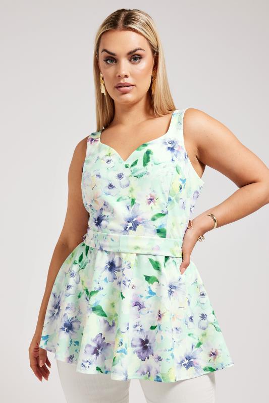 YOURS LONDON Plus Size Green Floral Print Sleeveless Peplum Top | Yours Clothing 1