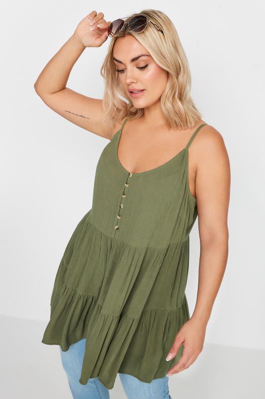 Plus Size  YOURS Curve Khaki Green Crinkle Tiered Vest Top