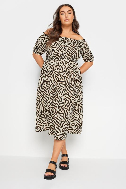 YOURS Plus Size Beige Brown Animal Print Bardot Midi Dress | Yours Clothing 1