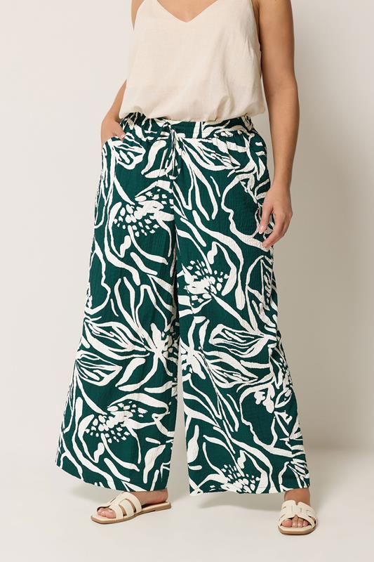  YOURS Curve Teal Green Floral Wide Leg Trousers