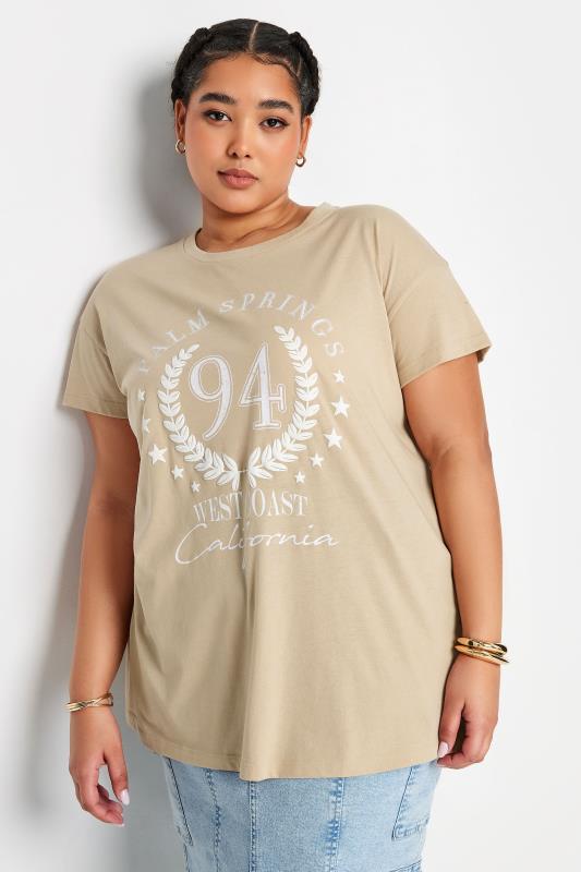 Plus Size  YOURS Curve Beige Brown 'Palm Springs' Slogan T-Shirt