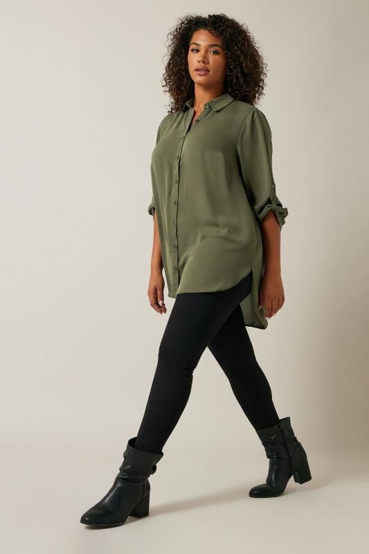 EVANS Plus Size Khaki Green Tab Sleeve Shirt | Evans  2