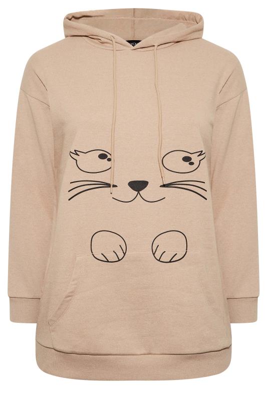 Plus Size Beige Brown Cat Graphic Print Hoodie | Yours Clothing 6