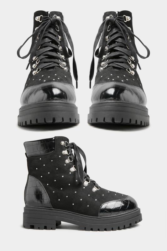 LIMITED COLLECTION Black Faux Suede Diamante Stud Lace Up Boots In Wide Fit | Yours Clothing 2