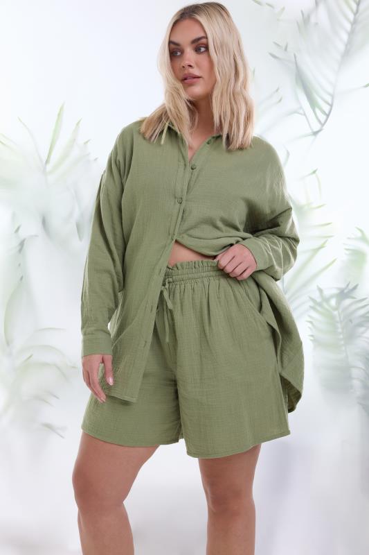 YOURS Plus Size Khaki Green Cheesecloth Shorts | Yours Clothing 1