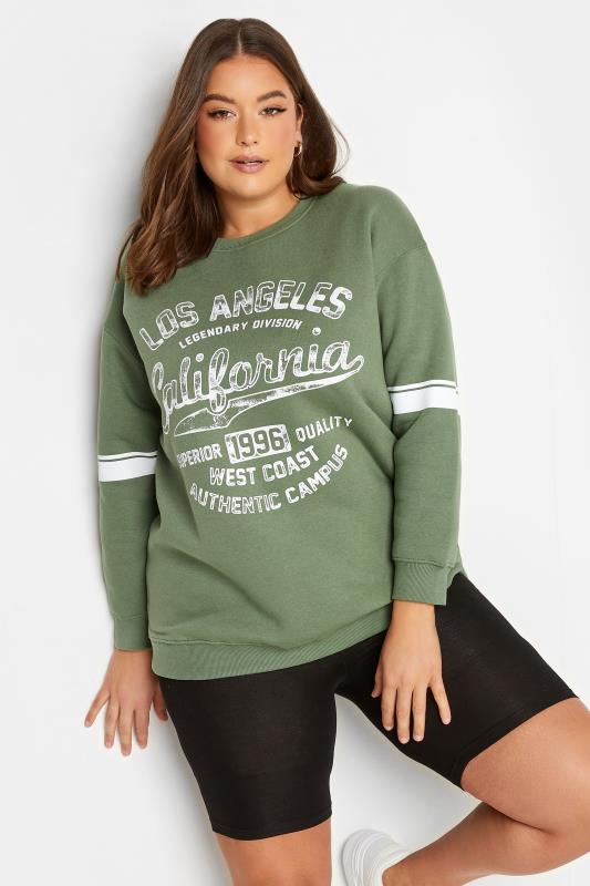 Plus Size  YOURS Curve Khaki Green 'California' Slogan Sweatshirt