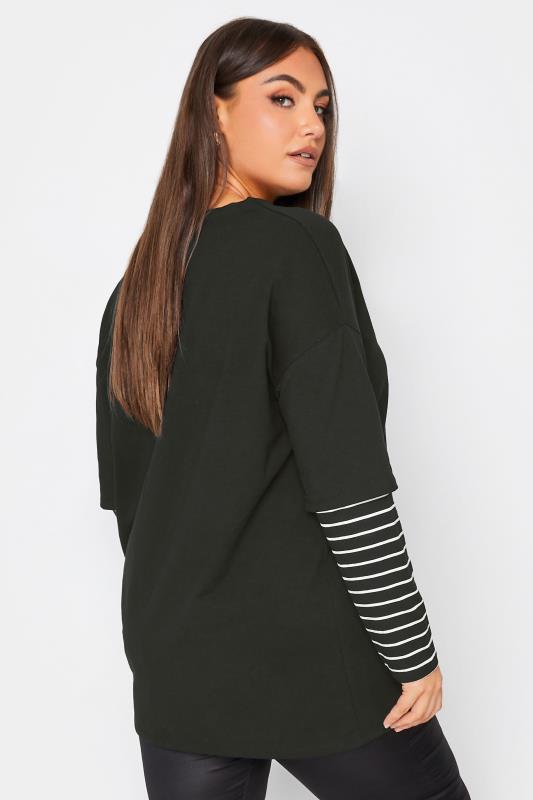 YOURS Plus Size Black Stripe Sleeve Double Layer T-Shirt | Yours Clothing 3