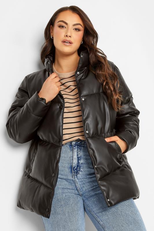 YOURS Plus Size Curve Black Faux Leather Puffer Jacket | Yours Clothing  1