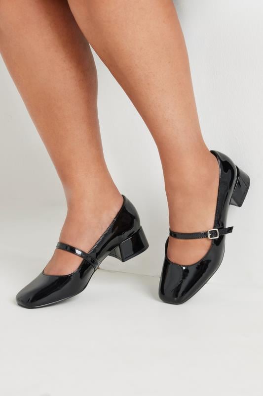  Grande Taille Black Patent Mary Jane Block Heels In Extra Wide EEE Fit