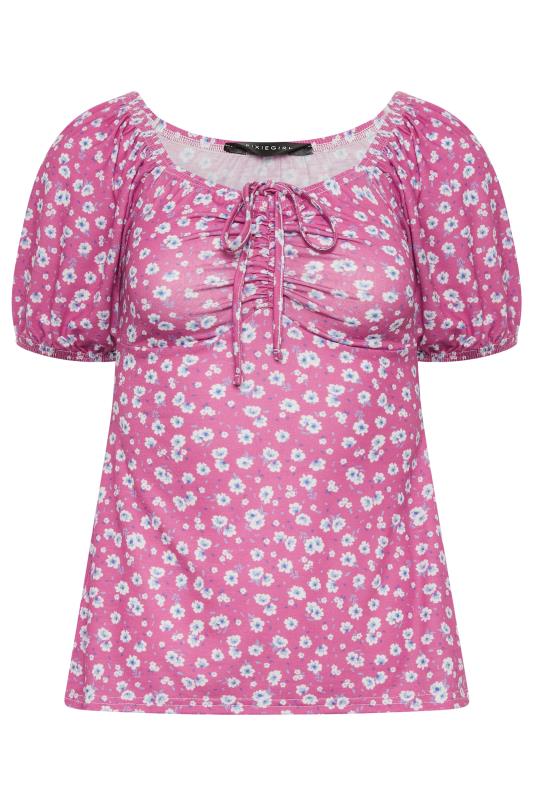 Petite Pink Daisy Print Ruched Front Top | PixieGirl 6