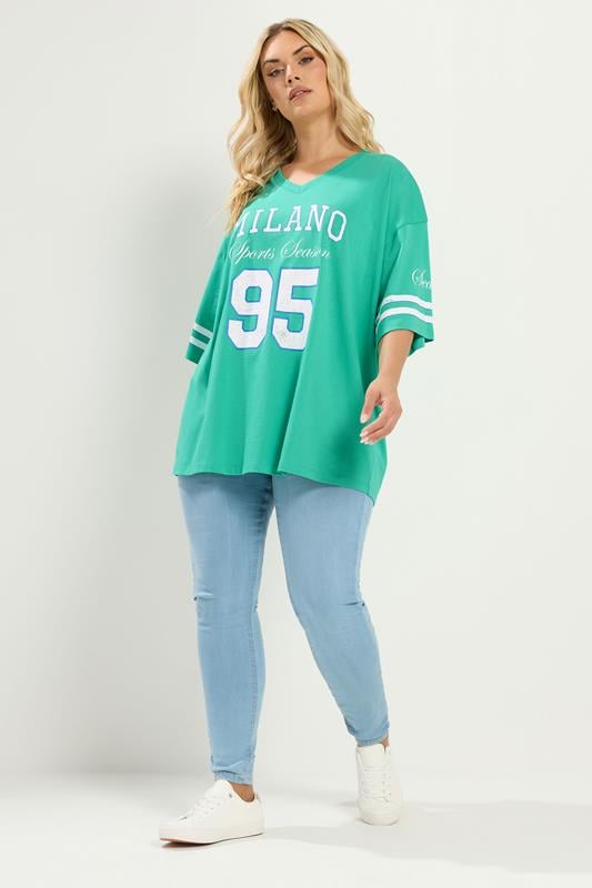 YOURS Plus Size Green 'Milano' Boxy Varsity T-Shirt | Yours Clothing 2