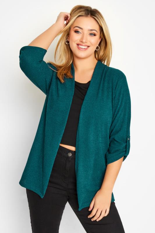 Curve Plus Size Teal Green Ribbed Cardigan | Yours Clothing  1
