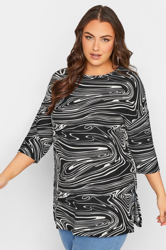 Plus Size Black Marble Print Top | Yours Clothing  1