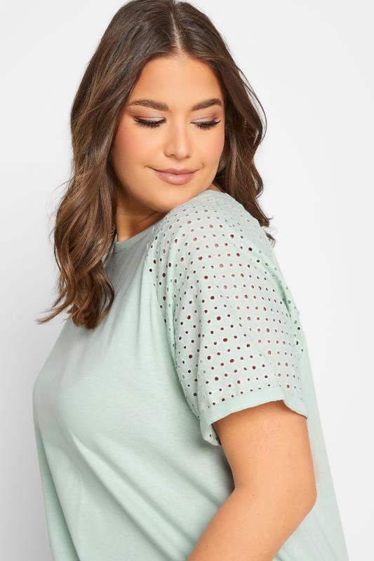 YOURS Plus Size Mint Green Broderie Anglaise Raglan T-Shirt | Yours Clothing 4