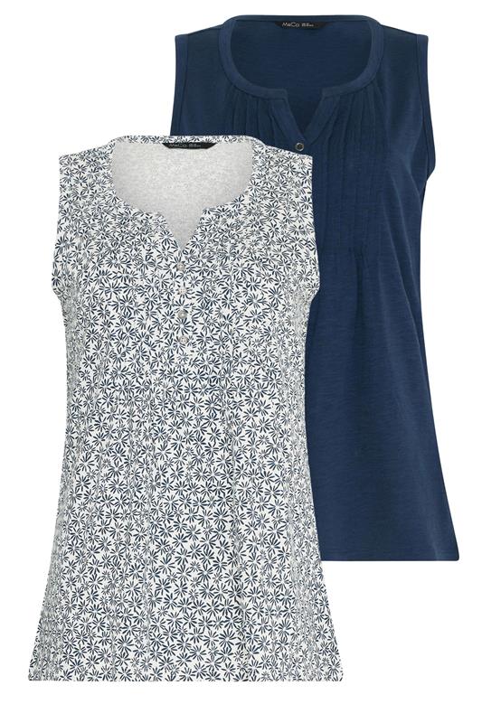 M&Co 2 PACK Navy Blue Floral Cotton Sleeveless Henley Tops | M&Co 7