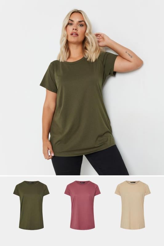 Plus Size  YOURS Curve 3 PACK Natural Brown & Green Core T-Shirts