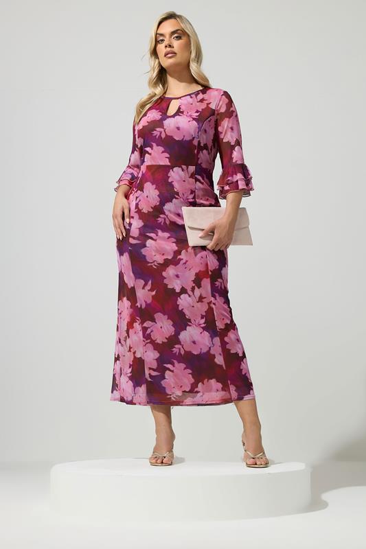 YOURS LONDON Plus Size Pink & Red Blurred Floral Keyhole Dress | Yours Clothing 1