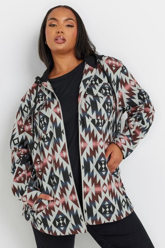  Tallas Grandes YOURS Curve Grey Aztec Print Hooded Shacket