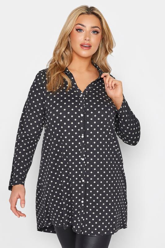Plus Size  YOURS Curve Charcoal Grey Polka Dot Button Through Shirt