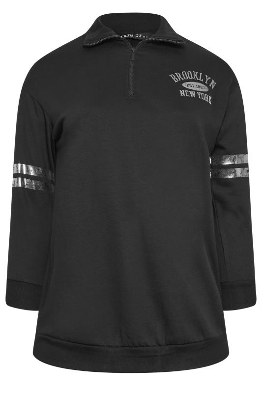 YOURS Plus Size Black 'Brooklyn' Varsity Half Zip Sweatshirt | Yours Clothing 6
