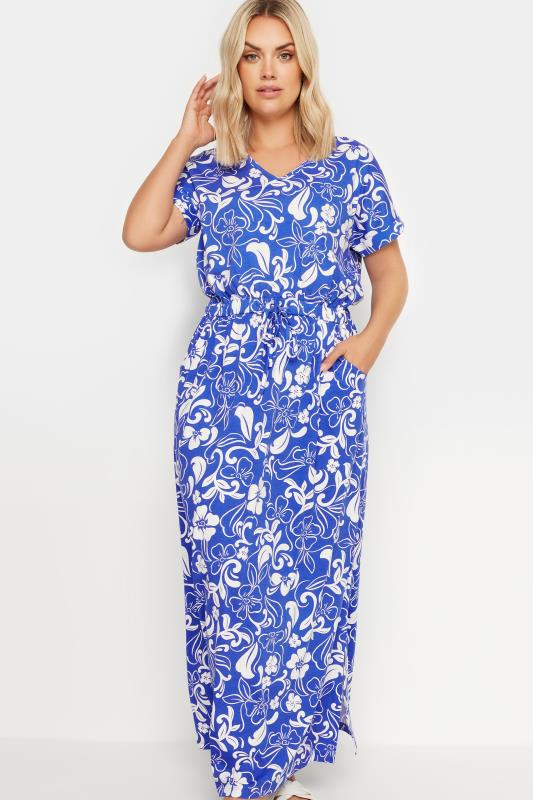 YOURS Plus Size Blue Floral Print Tie Waist Maxi Dress | Yours Clothing 1