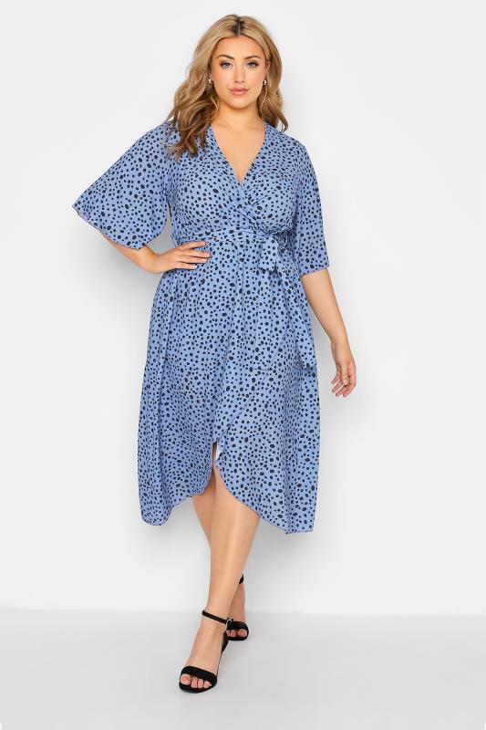 Plus Size  YOURS LONDON Curve Blue Dalmatian Print Midi Wrap Dress
