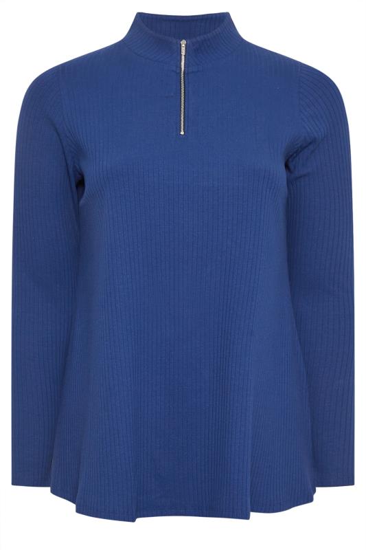 YOURS Plus Size Blue Ribbed Quarter Zip Top | Yours Clothing 5