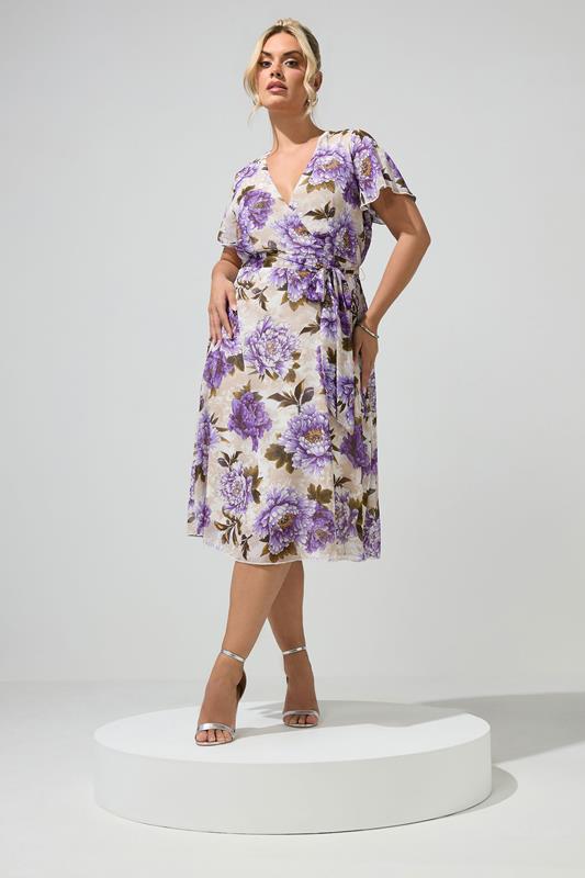 YOURS LONDON Plus Size White & Purple Floral Wrap Dress | Yours Clothing 1