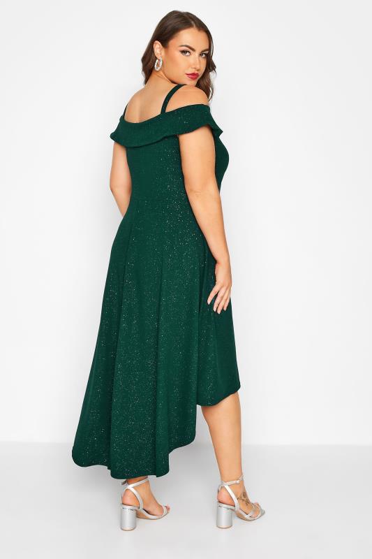 YOURS LONDON Plus Size Green Glitter Bardot High Low Bridesmaid Dress | Yours Clothing 3