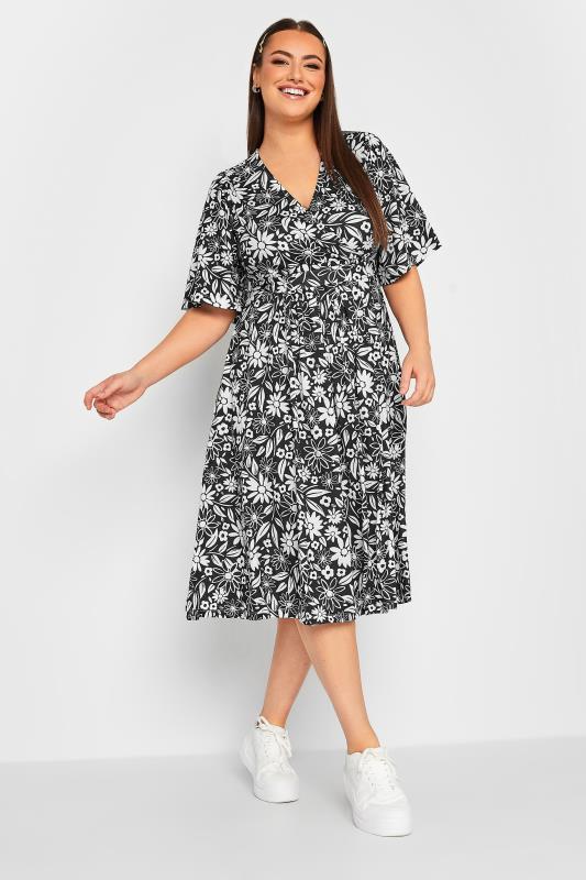 YOURS Plus Size Black Floral Print Wrap Midi Dress | Yours Clothing 1