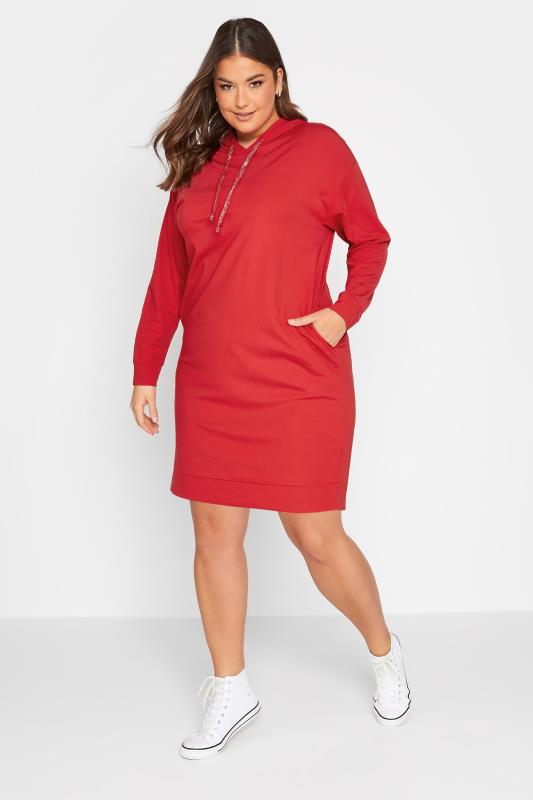 YOURS Plus Size Curve Red Pocket Hoodie Dress | Yours Clothing  2