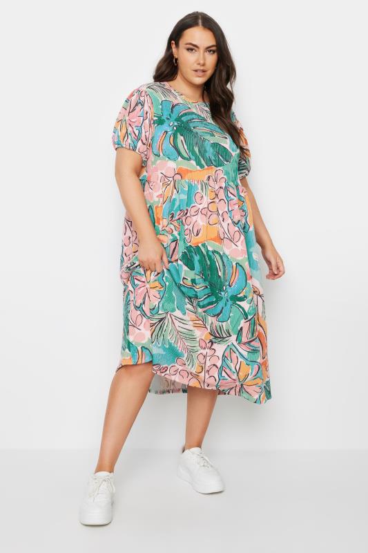 YOURS Plus Size Blue Leaf Print Crinkle Smock Dress | Yours Clothing 2