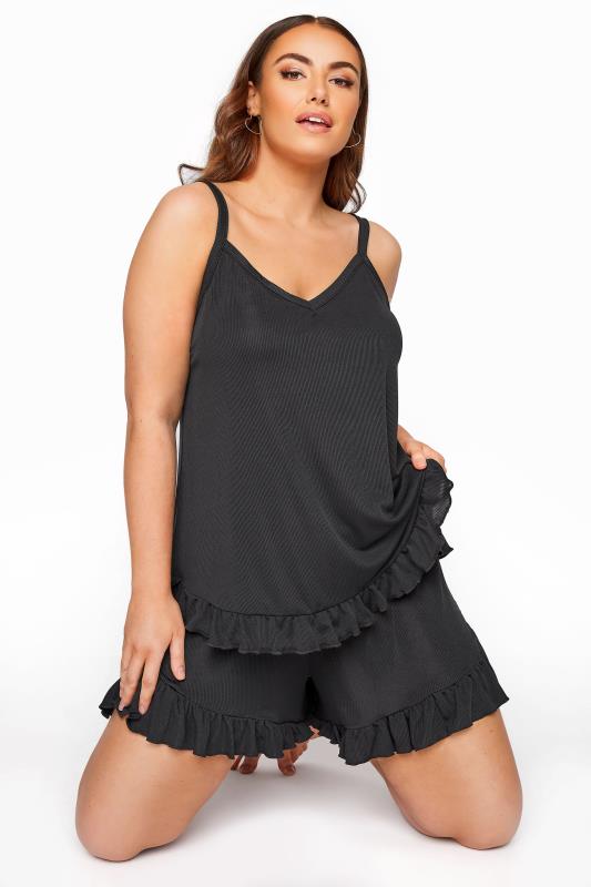 Plus Size  LIMITED COLLECTION Curve  Black Frill Ribbed Pyjama Shorts