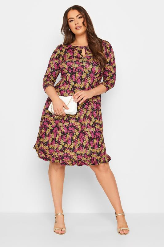 Plus Size Curve Black & Pink Floral Midi Dress | Yours Clothing 2