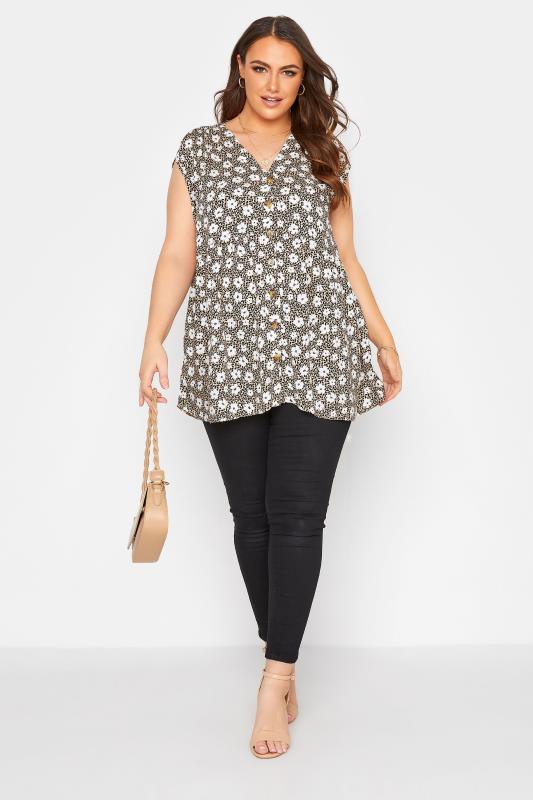 YOURS LONDON Curve Brown Floral Button Through Peplum Top 2