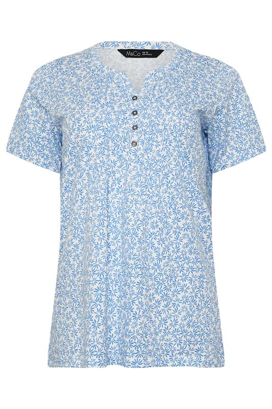 M&Co Blue Floral Short Sleeve Cotton Henley Top | M&Co 6