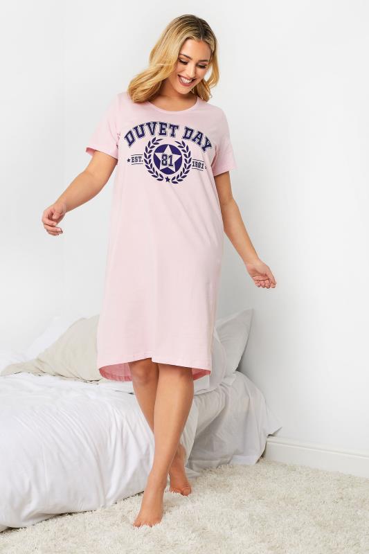 Plus Size Pink 'Duvet Day' Varsity Nightdress | Yours Clothing 1