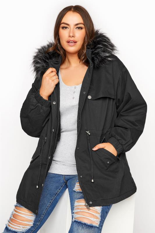 Curve Black Balloon Sleeve Faux Fur Lined Hooded Parka 2