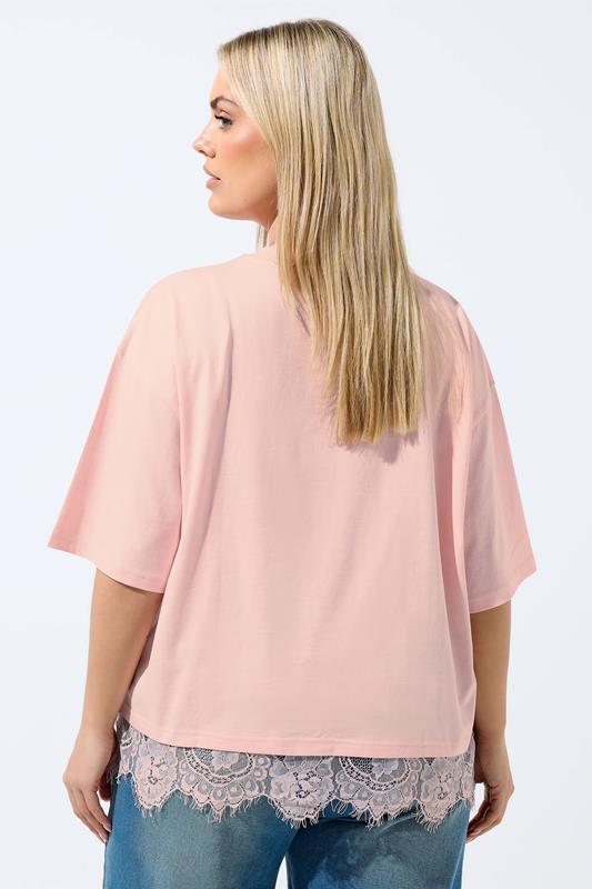 LIMITED COLLECTION Plus Size Pastel Pink Lace Trim T-Shirt | Yours Clothing 2