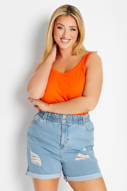 YOURS Plus Size Light Blue Ripped Elasticated Waist Denim Shorts | Yours Clothing 1