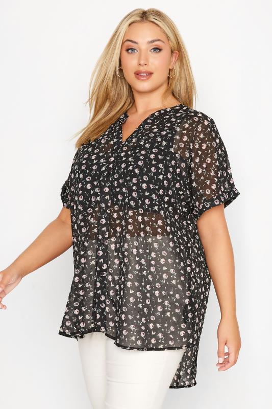 Plus Size Black Floral Chiffon Grown On Sleeve Shirt | Yours Clothing 1