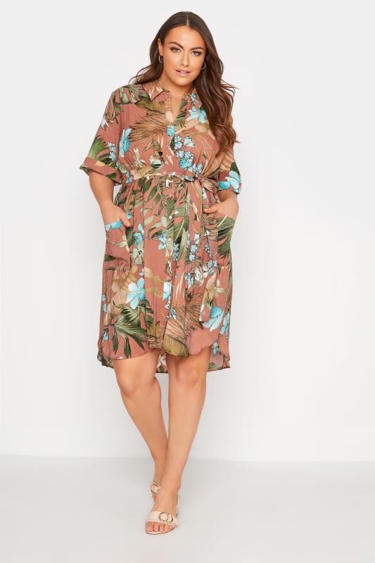 Plus Size  Brown Floral Belted Shirt Dress