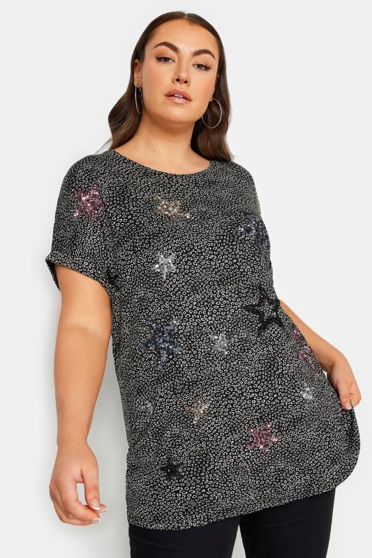 YOURS Plus Size Black Star Embellished T-Shirt | Yours Clothing 1