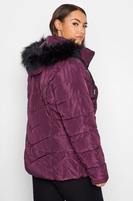 Purple Faux Fur Hood Panelled Puffer Coat_C.jpg
