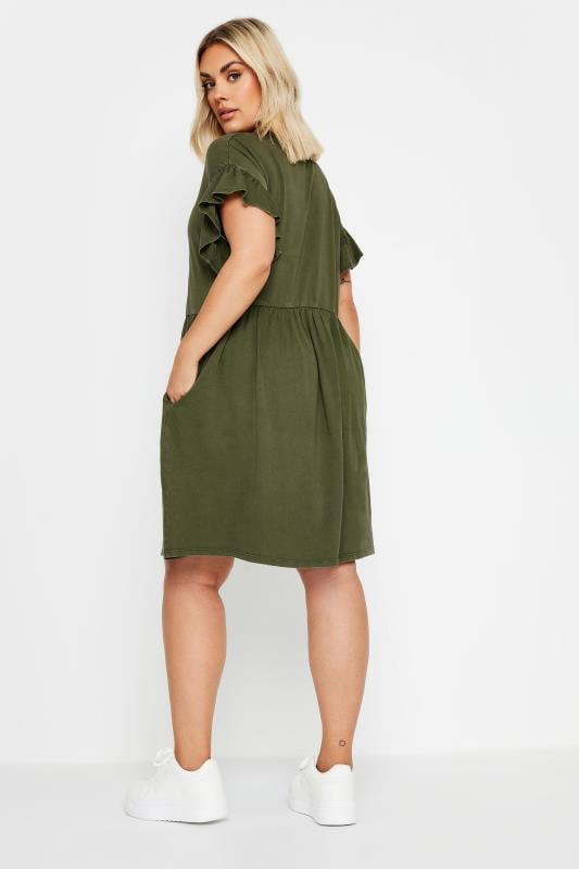 YOURS Plus Size Khaki Green Frill Sleeve Mini Dress | Yours Clothing 3