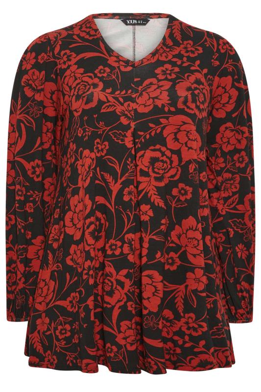 YOURS Plus Size Red Floral Print Pleat Front Swing Top | Yours Clothing 5