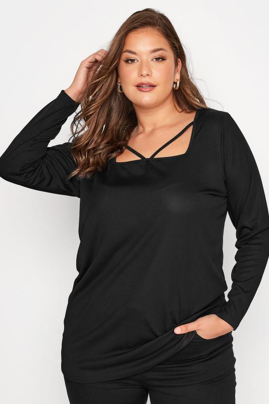 LIMITED COLLECTION Curve Black Cross Front Ribbed Top 1