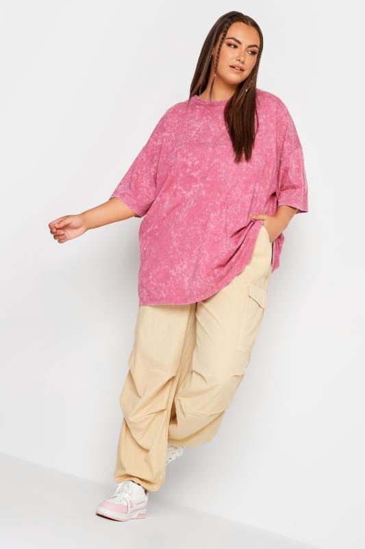 YOURS Plus Size Curve Pink Acid Wash Oversized Boxy T-Shirt | Yours Clothing  2