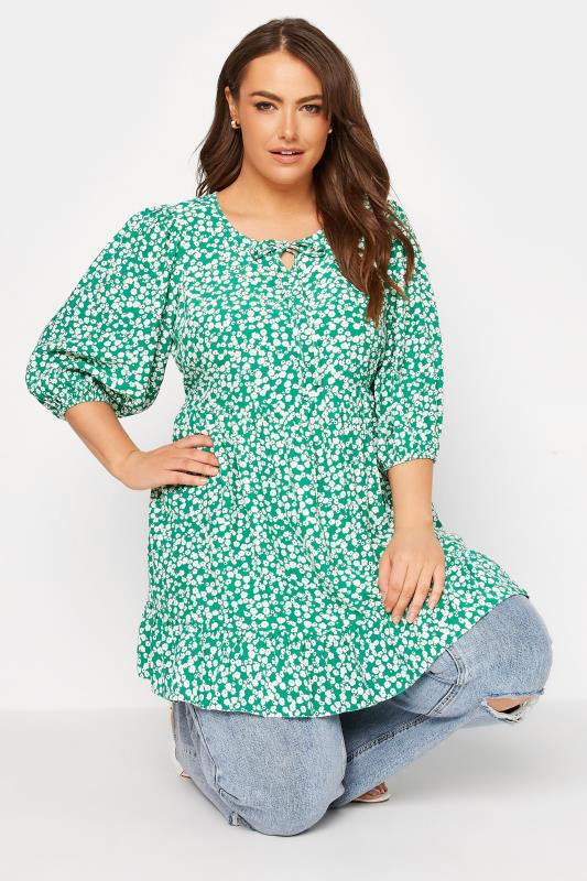 Plus Size  Curve Green Daisy Print Tie Neck Smock Top